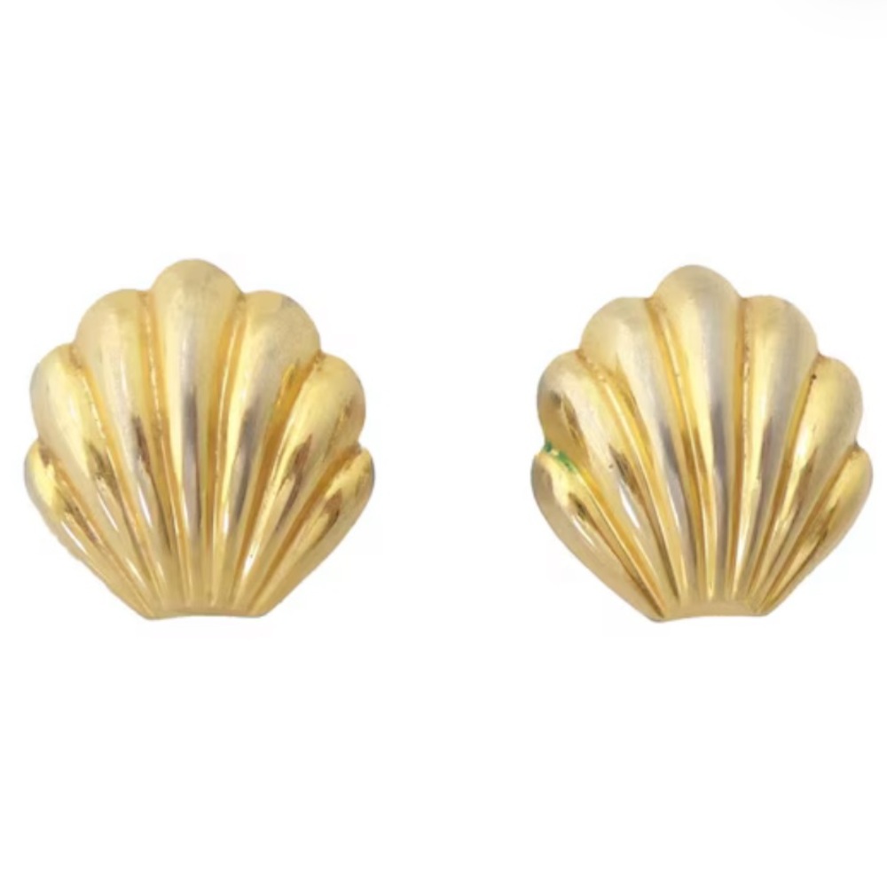 Vintage Monet Gold Puffy Scallop Sea Shell Stud Runway Earrings